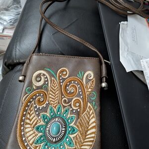 Elegant Brown Embroidered Crossbody Bag
